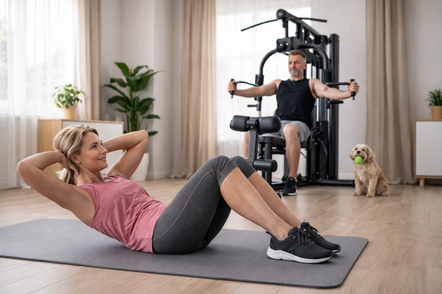 Kobieta i mężczyza wykonujący trening w domowej siłowni.
