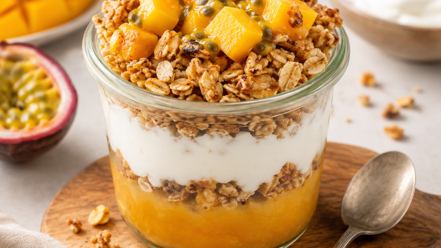 Dieta Tropikalne jogurtowe crumble z musem owocowym - mango, marakuja i chrupiąca owsiana kruszonka – dla smaku i przyjemności chrupania
