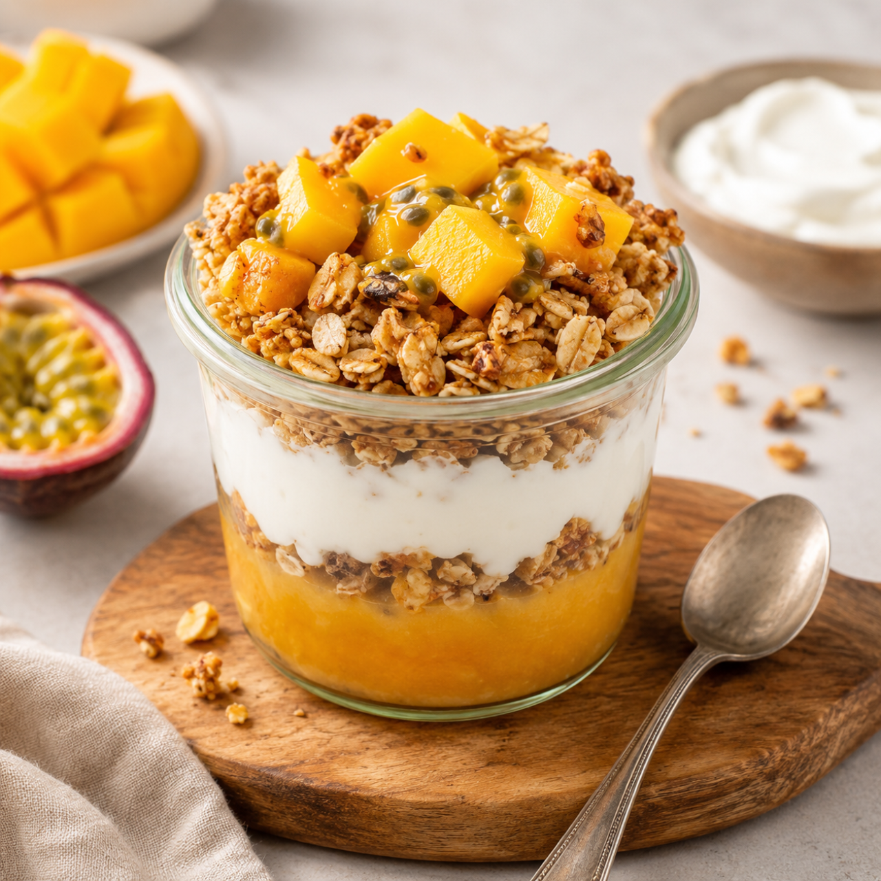 Tropikalne jogurtowe crumble z musem owocowym - mango, marakuja i chrupiąca owsiana kruszonka – dla smaku i przyjemności chrupania